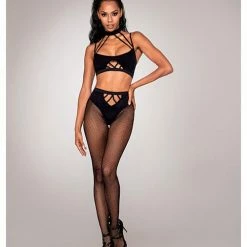 Dreamgirl International Strappy Bralette & Pantyhose Bodystocking Set Black O-s Lingerie