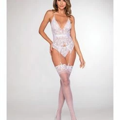 Dreamgirl International Lingerie Stretch Lace Halter Bustier W-attached Pearl Front Garters & G-string White O-s
