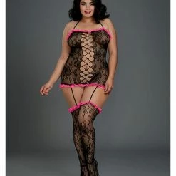 Dreamgirl International Stretch Lace Halter Garter Dress With Attached Garters & Thigh High Stockings Black-Fuchsia Queen Size
