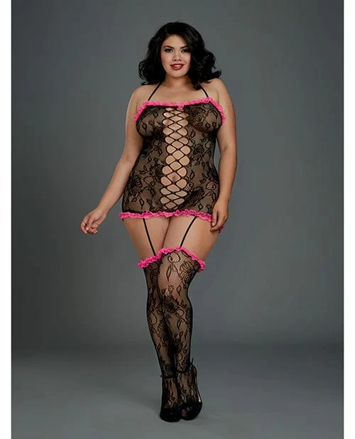 Dreamgirl International Stretch Lace Halter Garter Dress With Attached Garters & Thigh High Stockings Black-Fuchsia Queen Size