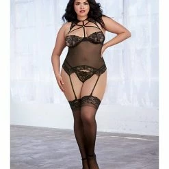 Dreamgirl International Lingerie Stretch Lace & Mesh Halter Neckline Bustier With Underwire Cups & G-string