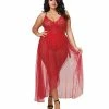 Dreamgirl International Stretch Lace Teddy (modified Back) & Sheer Mesh Maxi Skirt With Adjustable Straps & G-string Rouge