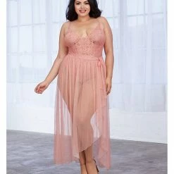 Dreamgirl International Stretch Lace Teddy With Modified Back & Sheer Maxi Skirt With Adjustable Straps & G-string Vintage Rose 2x