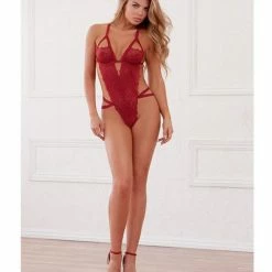 Dreamgirl International Stretch Lace Teddy With Open Crotch, Criss Cross Adjustable Straps & G-string Garnet One Size Fits Most