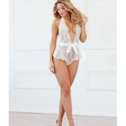 Dreamgirl International Stretch Lace Teddy With Peek A Boo Back, Open Crotch & Tie Neck Closure White One Size Fits Most Lingerie