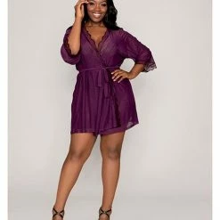 Dreamgirl International Stretch Mesh Chemise & Robe Plum