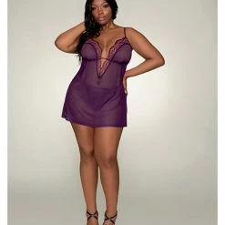 Dreamgirl International Stretch Mesh Chemise & Robe Plum