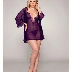 Dreamgirl International Lingerie Stretch Mesh Chemise & Robe Plum