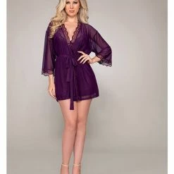 Dreamgirl International Lingerie Stretch Mesh Chemise & Robe Plum