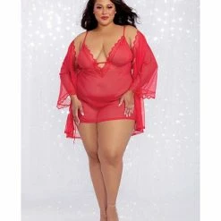 Dreamgirl International Lingerie Stretch Mesh Chemise & Robe Red
