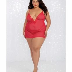 Dreamgirl International Lingerie Stretch Mesh Chemise & Robe Red