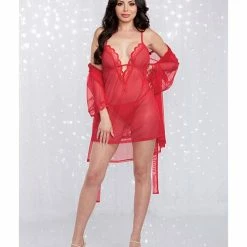 Dreamgirl International Stretch Mesh Chemise & Robe Red