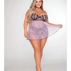Dreamgirl International Lingerie Stretch Mesh & Embroidery Babydoll With G-string Lavender