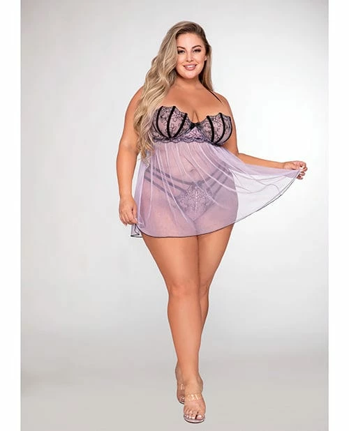 Dreamgirl International Lingerie Stretch Mesh & Embroidery Babydoll With G-string Lavender