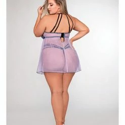 Dreamgirl International Lingerie Stretch Mesh & Embroidery Babydoll With G-string Lavender