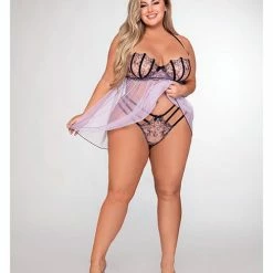 Dreamgirl International Lingerie Stretch Mesh & Embroidery Babydoll With G-string Lavender