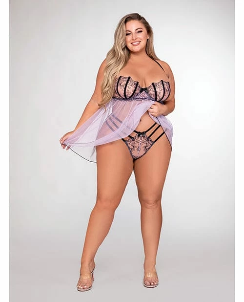 Dreamgirl International Lingerie Stretch Mesh & Embroidery Babydoll With G-string Lavender
