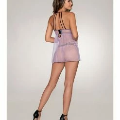 Dreamgirl International Lingerie Stretch Mesh & Embroidery Babydoll With G-string Lavender