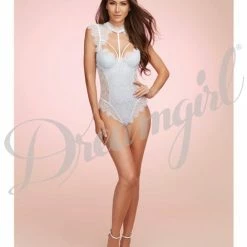 Dreamgirl International Stretch Satin Teddy With Underwire Cups & Lace Overlay, Tie Back Collar & Snap Crotch