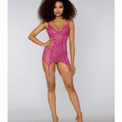 Dreamgirl International Lingerie Valentine Metallic Heart Stretch Lace & Fishnet Garter Slip & G-string Azalea/gold