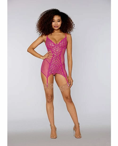 Dreamgirl International Lingerie Valentine Metallic Heart Stretch Lace & Fishnet Garter Slip & G-string Azalea/gold