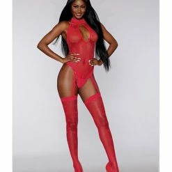 Dreamgirl International Valentine Seamless Heart Fishnet Teddy Bodystocking Lipstick Red O-s Lingerie