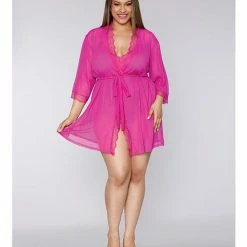 Dreamgirl International Lingerie Valentine Stretch Mesh Teddy & Robe Azalea