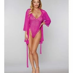 Dreamgirl International Valentine Stretch Mesh Teddy & Robe Azalea