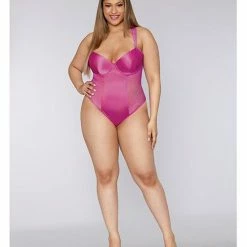 Dreamgirl International Valentine Stretch Satin & Hearts Pattern Mesh Teddy Azalea Lingerie