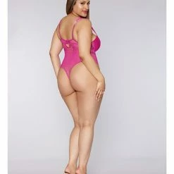 Dreamgirl International Valentine Stretch Satin & Hearts Pattern Mesh Teddy Azalea Lingerie