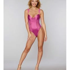 Dreamgirl International Valentine Stretch Satin & Hearts Pattern Mesh Teddy Azalea Lingerie