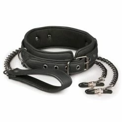 EDC Easy Toys Faux Leather Collar With Nipple Chains - Black