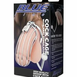 Electric Eel Blue Line Cock Cage W-anal Stimulator - Silver Kink & BDSM