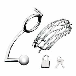 Electric Eel Blue Line Cock Cage W-anal Stimulator - Silver Kink & BDSM