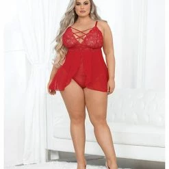 Escante Lace & Mesh Teddy Doll Red Lingerie