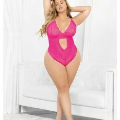 Escante Lingerie Neons Keyhole Front Teddy With Tanga Back Neon Pink