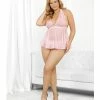 Escante Valentine Heart Print Mesh Shorty Babydoll Pink Lingerie