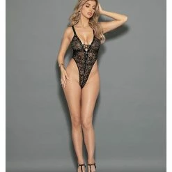 Escante Euphoria Cupless Lace Up Front Brazilian Back Teddy Black One Size Fits Most Lingerie