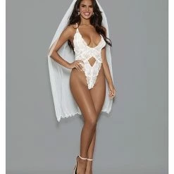 Escante Lingerie Euphoria Open Crotch Bridal Teddy With Long Veil White One Size Fits Most
