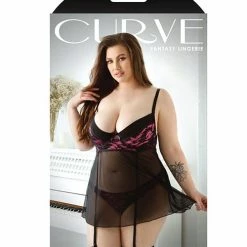 Fantasy Lingerie Curve Madison Soft Cup Babydoll With Garters & Panty Black/pink