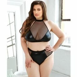 Fantasy Lingerie Curve Rebel Wetlook Halter Top With Removable Chain & Panty Black