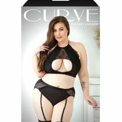 Fantasy Lingerie Curve Sadie Lace Overlay Keyhole Halter Top & Gartered Panty Black