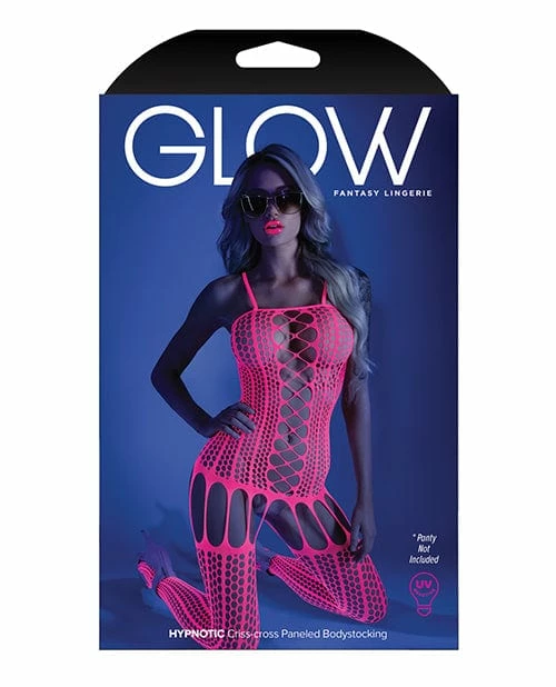 Fantasy Lingerie Glow Black Light Criss Cross Paneled Bodystocking Neon Pink O-s
