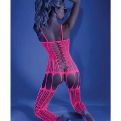 Fantasy Lingerie Glow Black Light Criss Cross Paneled Bodystocking Neon Pink O-s