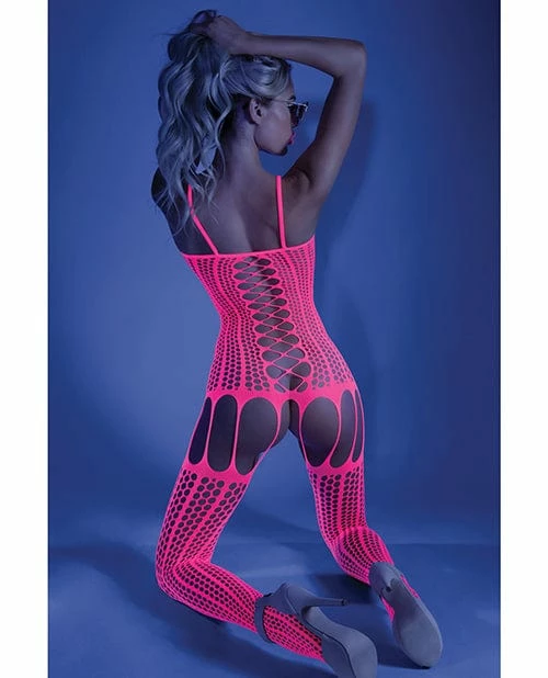 Fantasy Lingerie Glow Black Light Criss Cross Paneled Bodystocking Neon Pink O-s