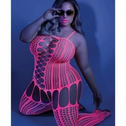 Fantasy Lingerie Glow Black Light Criss Cross Paneled Bodystocking Neon Pink Qn