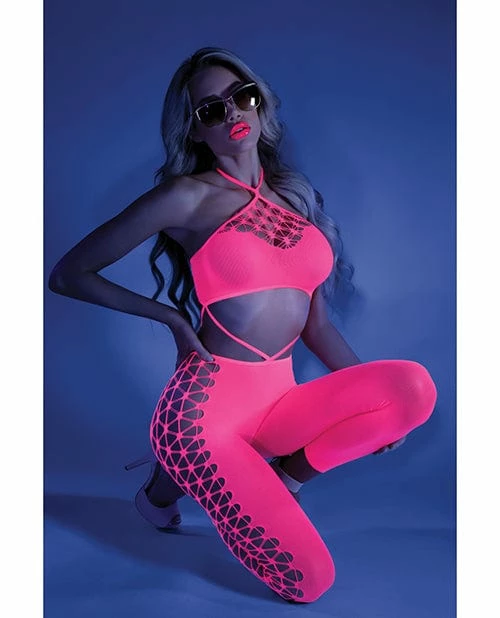 Fantasy Lingerie Glow Black Light Cropped Cutout Halter Bodystocking Neon Pink O-s