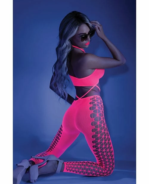 Fantasy Lingerie Glow Black Light Cropped Cutout Halter Bodystocking Neon Pink O-s