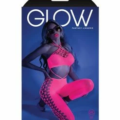 Fantasy Lingerie Glow Black Light Cropped Cutout Halter Bodystocking Neon Pink O-s