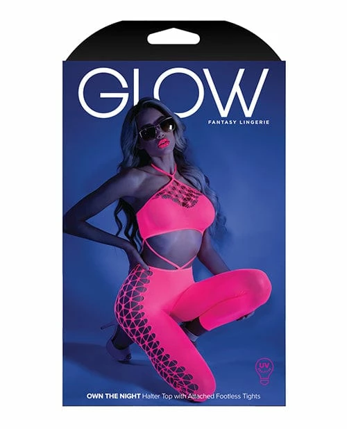 Fantasy Lingerie Glow Black Light Cropped Cutout Halter Bodystocking Neon Pink O-s